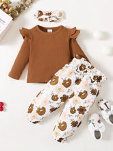 Load image into Gallery viewer, Girls Ribbed Top and Floral Bow Detail Pants Set
