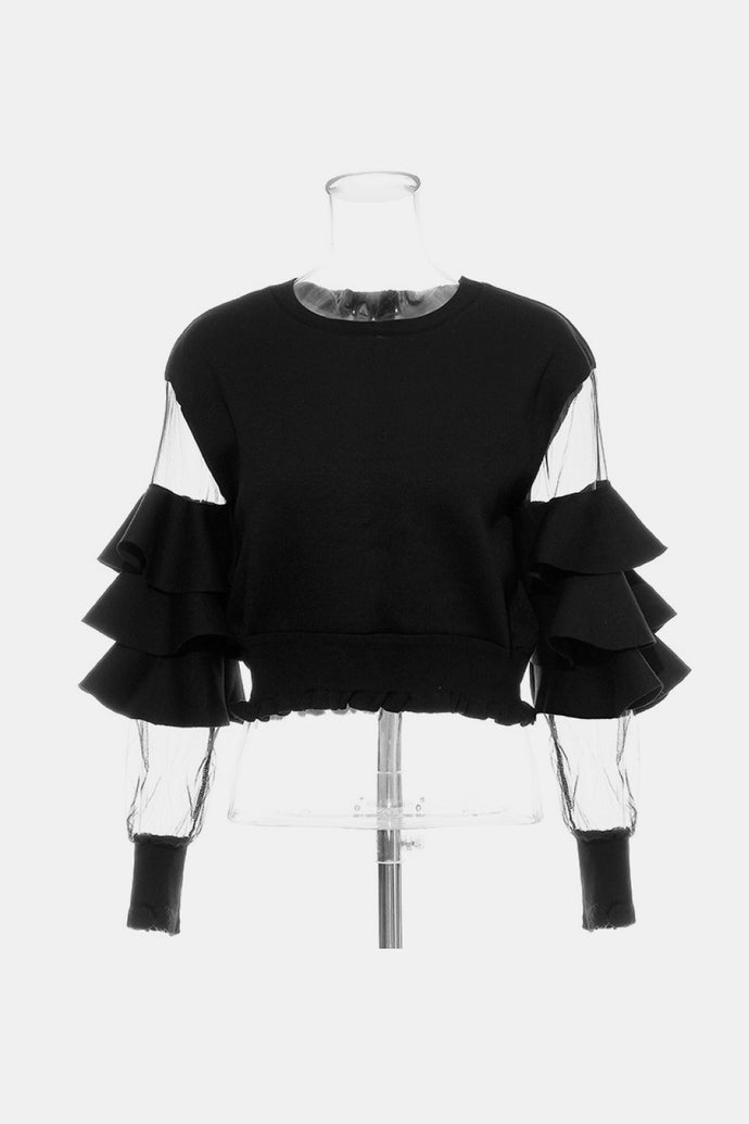 GAWQO Layered Ruffle Mesh Sleeve Spliced Top