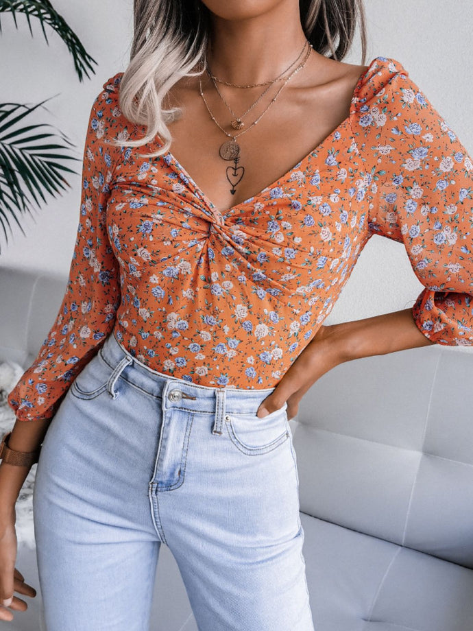 Floral Twist Front Puff Sleeve Top