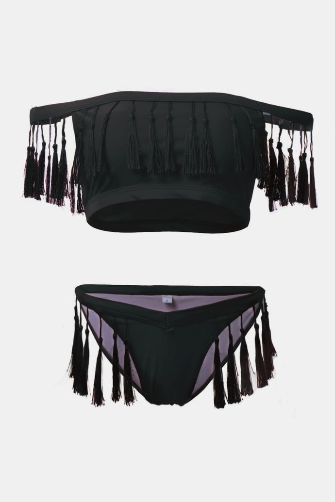 Tassel Tie Off-Shoulder Bikini Set