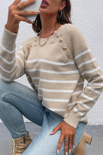 Load image into Gallery viewer, Striped Heart-Shaped Button Round Neck Sweater
