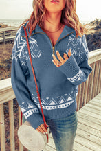 Load image into Gallery viewer, Geometric Ribbed Trim Quarter Zip Sweater
