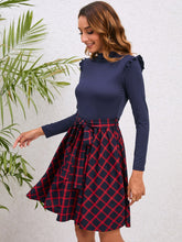 Load image into Gallery viewer, Plaid Tie Waist Ruffle Shoulder Dress
