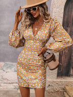 Floral Balloon Sleeve Plunge Dress