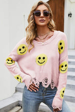Load image into Gallery viewer, Smiley Face Distressed Round Neck Sweater
