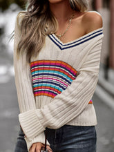 Load image into Gallery viewer, Striped Contrast V-Neck Dropped Shoulder Sweater
