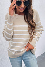 Load image into Gallery viewer, Striped Heart-Shaped Button Round Neck Sweater

