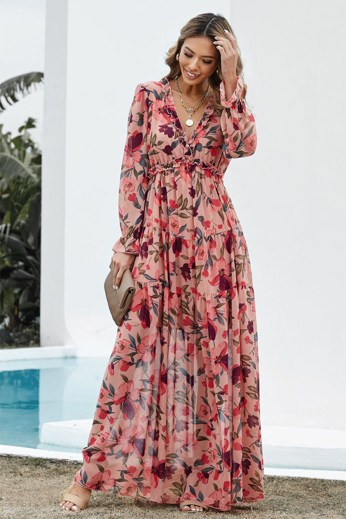 Pink Frill Trim Tiered Maxi Dress DIBS FLORAL
