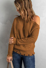 Load image into Gallery viewer, Rib-Knit Destroyed Trim Cold Shoulder Sweater
