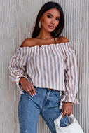 Striped Frill Trim Off-Shoulder Flounce Sleeve Top