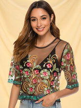 Load image into Gallery viewer, Embroidered Round Neck Sheer Blouse
