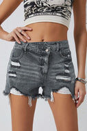 Distressed A-Sym Button Denim Shorts