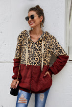 Load image into Gallery viewer, Spliced Leopard Drawstring Zip-Up Teddy Hoodie
