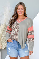 Plus Size Leopard Color Block Exposed Seam V-Neck Top