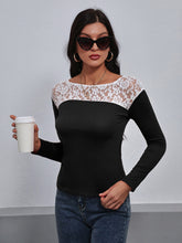 Load image into Gallery viewer, Lace Trim Long Sleeve Round Neck Tee
