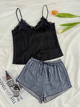 Load image into Gallery viewer, Lace Trim Spaghetti Strap Cami and Striped Shorts Pajama Set
