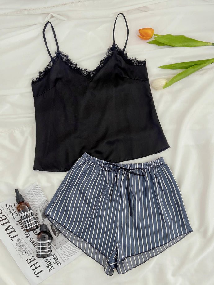 Lace Trim Spaghetti Strap Cami and Striped Shorts Pajama Set