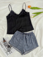 Lace Trim Spaghetti Strap Cami and Striped Shorts Pajama Set