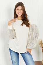 Load image into Gallery viewer, HOPELY Full Size Sequin Puff Sleeve Curved Hem Top in Cream/Taupe
