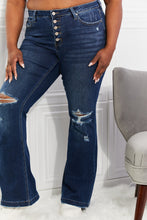 Load image into Gallery viewer, ON SALE! KANCAN Dark Blue Wash Flare mid rise jeans w/distressed Knees detail
