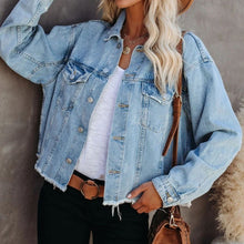Load image into Gallery viewer, Dropped Shoulder Collared Neck Button-Down Denim Jacket
