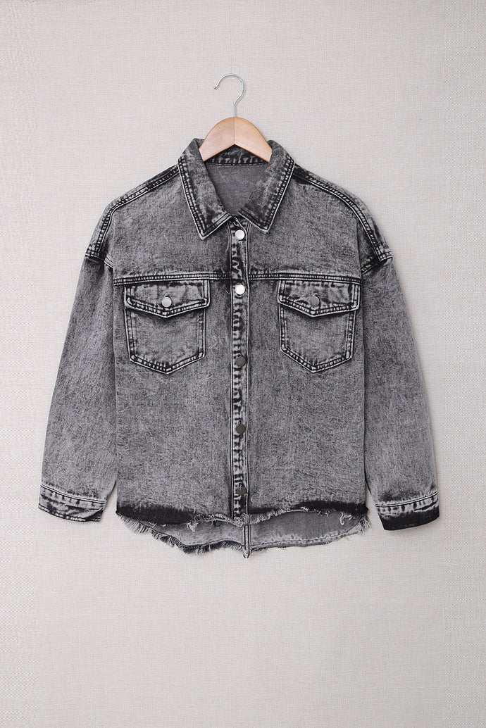 Raw Hem Button Down Denim Jacket with Breast Pockets