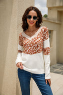 Leopard Color Block V-Neck Knit Pullover