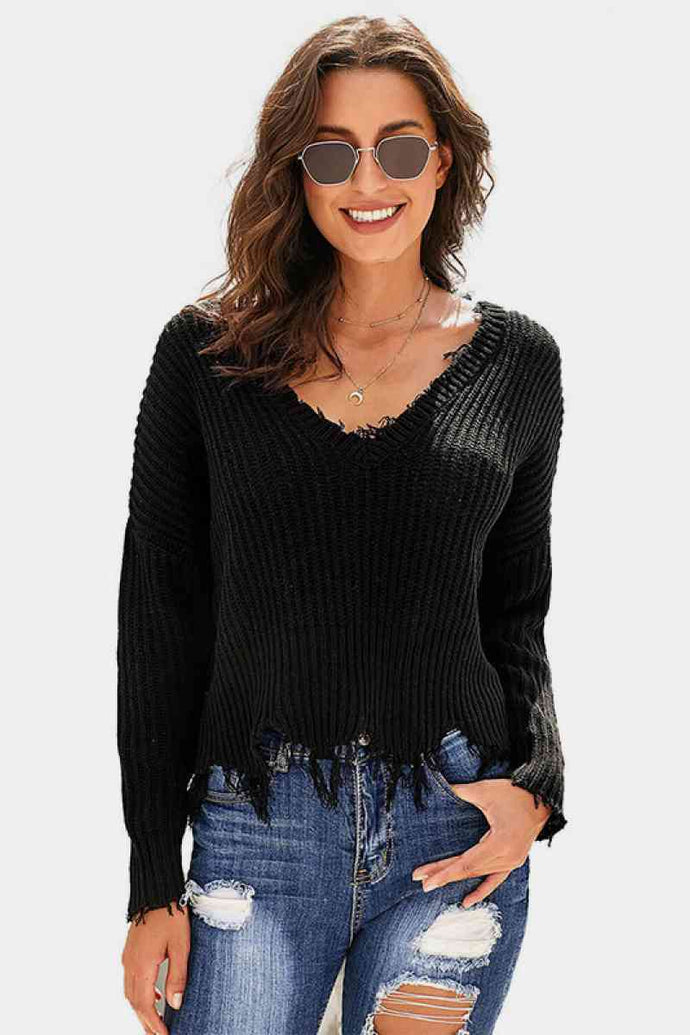 Drop Shoulder Distressed Hem  Sweater