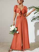 Load image into Gallery viewer, Tie Front Cropped Top and Smocked Wide Leg Pants Set
