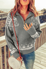 Load image into Gallery viewer, Geometric Ribbed Trim Quarter Zip Sweater
