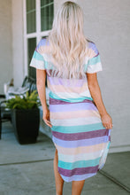 Load image into Gallery viewer, Striped V-Neck Slit Curved Hem Midi Dress

