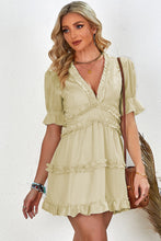 Load image into Gallery viewer, Frill Trim Short Puff Sleeve Plunge Dress
