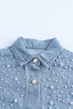 Load image into Gallery viewer, Pearl Detail Frayed Hem Denim Jacket
