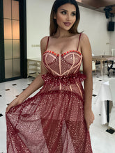 Load image into Gallery viewer, Sequin Sweetheart Neck Ruffle Trim Mesh Dress
