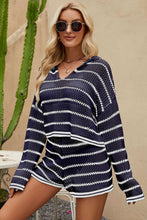 Load image into Gallery viewer, Striped Openwork Knit Hoodie and Shorts Set
