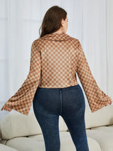 Load image into Gallery viewer, Plus Size Checkered Johnny Collar Flare Sleeve Shirt
