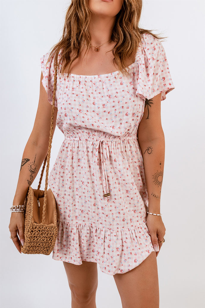Floral Drawstring Waist Ruffle Hem Dress
