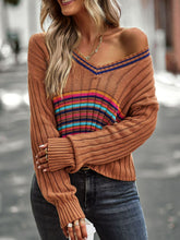 Load image into Gallery viewer, Striped Contrast V-Neck Dropped Shoulder Sweater
