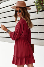 Load image into Gallery viewer, Tie Neck Smocked Waist Ruffle Hem Dress
