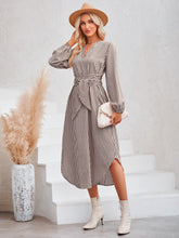 Load image into Gallery viewer, Striped Notched Neck Curved Hem Long Sleeve Dress
