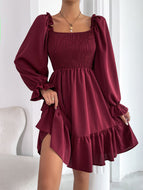 Smocked Square Neck Flounce Sleeve Dress