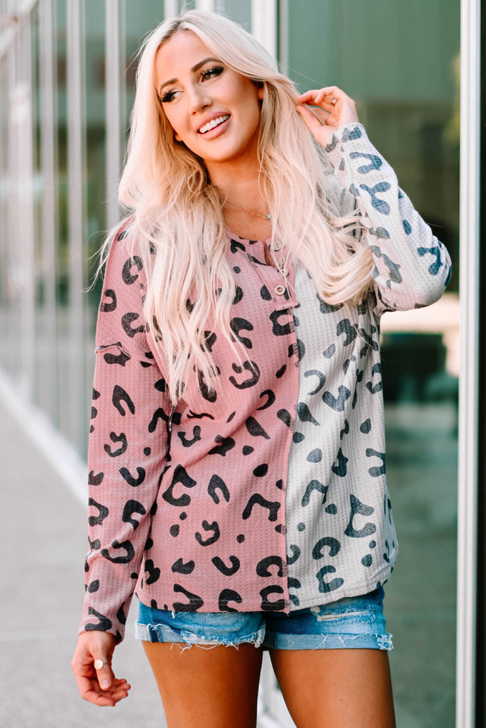 Leopard Color Block Waffle-Knit Henley Top