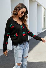 Load image into Gallery viewer, Cherry Pattern Frayed Trim V-Neck Sweater

