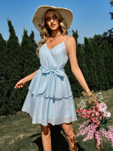 Load image into Gallery viewer, Tie Belt Surplice Spaghetti Strap Layered Dress
