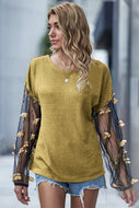 Butterfly Applique Round Neck Waffle-Knit Top