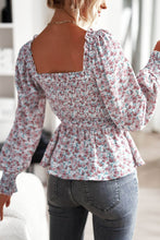 Load image into Gallery viewer, Floral Frill Trim Smocked Flounce Sleeve Peplum Blouse
