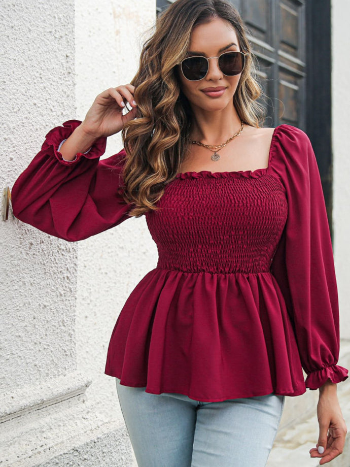 Frill Trim Square Neck Smocked Peplum Top