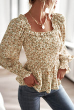 Load image into Gallery viewer, Floral Frill Trim Smocked Flounce Sleeve Peplum Blouse
