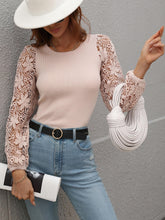 Load image into Gallery viewer, Lace Sleeve Round Neck Ribbed Top
