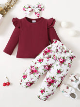 Load image into Gallery viewer, Girls Ribbed Top and Floral Bow Detail Pants Set

